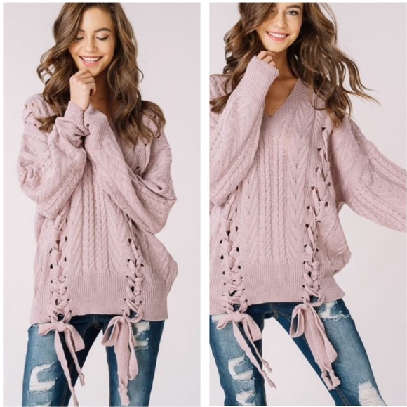 Petal Rose Sweaters - Mauve Lace Up Cable Knit Sweater